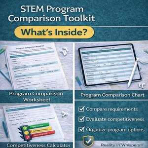 May include: A STEM Program Comparison Toolkit with the text "What's Inside?" features a worksheet, a tablet displaying a chart, and a competitiveness calculator. The toolkit helps to compare requirements, evaluate competitiveness, and organise program options.