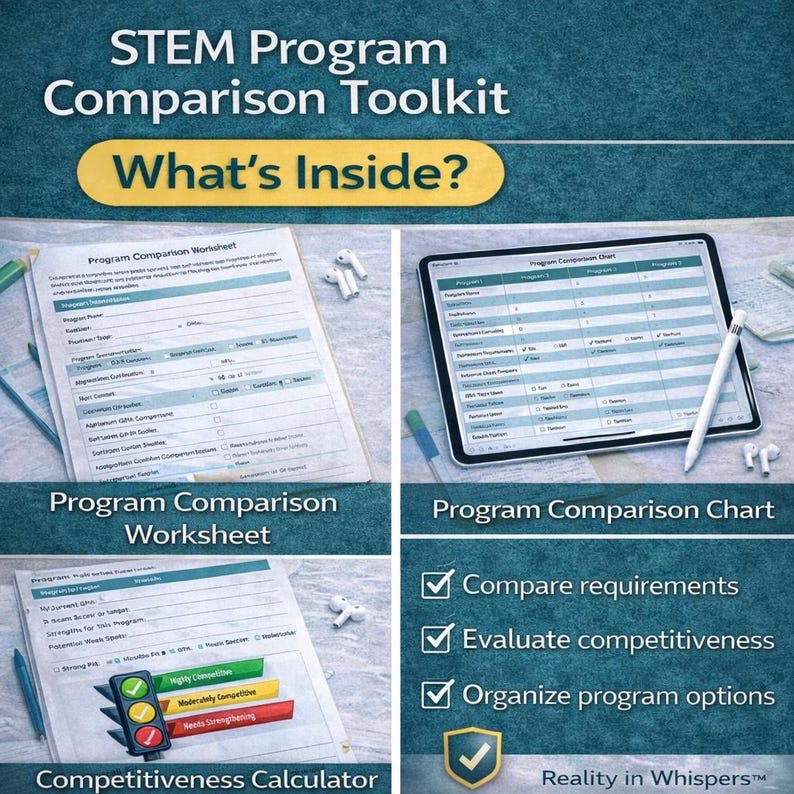 May include: A STEM Program Comparison Toolkit with the text "What's Inside?" features a worksheet, a tablet displaying a chart, and a competitiveness calculator. The toolkit helps to compare requirements, evaluate competitiveness, and organise program options.