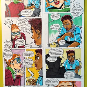 May include: A comic strip with colorful illustrations. The panels depict conversations between characters, with speech bubbles containing text. The art style is bold, with vibrant colors and expressive character designs. The comic explores themes of relationships and advice.
