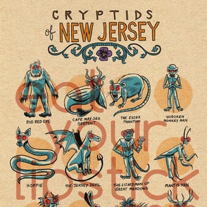 Puede incluir: Un póster ilustrado con críptidos de Nueva Jersey. El póster presenta una ilustración colorida de estilo de dibujos animados de varios críptidos, incluyendo el Diablo de Jersey, el Hombre Lagarto de Great Meadows y el Ciervo Blanco de Shamong. El póster se titula "Críptidos de Nueva Jersey".