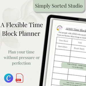 Könnte beinhalten: Ein digitaler Zeitplan-Template für Menschen mit ADHS auf einem Tablet-Bildschirm. Der Template enthält Zeitblöcke, Aufgaben und einen Status. Der Text lautet "A Flexible Time Block Planner" und "Planen Sie Ihre Zeit ohne Druck oder Perfektion."