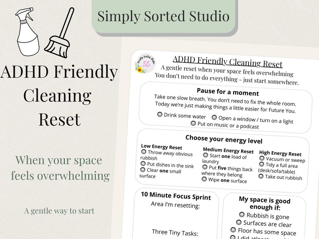 ADHD Friendly Cleaning Reset Printable - Gentle Cleaning Checklist for