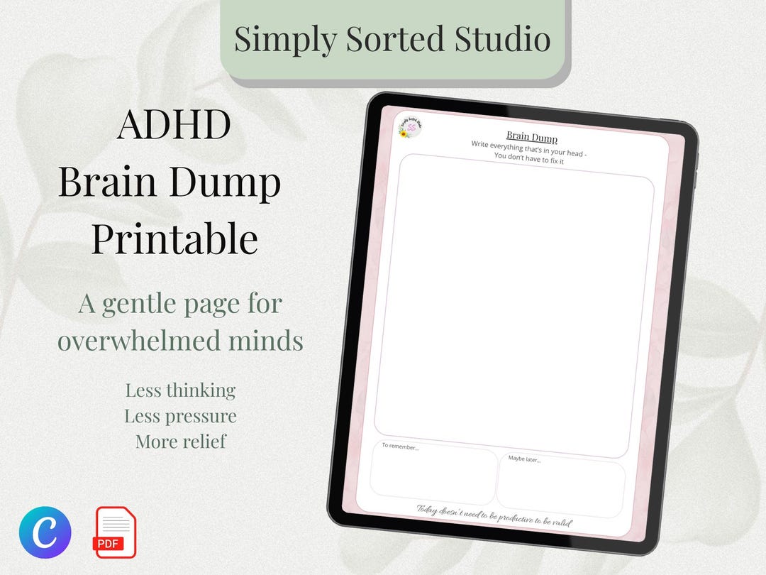 ADHD Brain Dump Printable - Overwhelm Relief Worksheet - Gentle ...