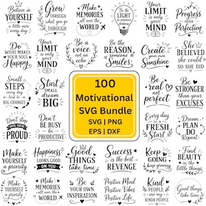 May include: A digital collection of 100 motivational quotes in black text on a white background, featuring a central yellow square with the text 100 Motivational SVG Bundle SVG | PNG EPS | DXF. Each quote includes decorative elements like hearts.