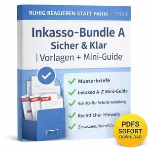 Könnte beinhalten: Produktbox mit dem Titel "Inkasso-Bundle A Sicher & Klar" mit dem Text "Vorlagen + Mini-Guide". Die Box ist weiß und blau mit einem blauen Dokumentenhalter mit PDF-Dokumenten. Enthält einen gelben Kreis mit "PDFS SOFORT DOWNLOAD".