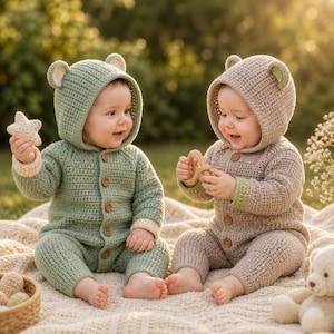 May include: Two babies wearing handmade crochet bear hooded jumpsuits. One is in sage green, the other in tan. Each has a hood with bear ears and wooden button closures. One holds a star-shaped toy, the other a wooden ring.
