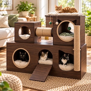 May include: A multi-level dark wood cat tree featuring several cubbies with circular openings, sisal-wrapped scratching posts, a connecting tunnel, and soft beige cushions. Multiple cats are resting inside the various compartments and on top.