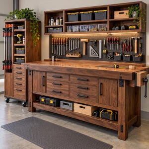 May include: A large wooden workbench with a pegboard back, multiple drawers, and a side vise. Above the bench is a wall-mounted shelf with storage bins. A matching tall, narrow rolling cabinet with shelves and drawers stands to the left.
