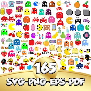 Könnte beinhalten: Eine Sammlung von 165 Retro-Videospielgrafiken, darunter Pac-Man-Charaktere, Geister, Früchte und Gamecontroller. Das Design enthält den Text "165" in einem goldenen Kreis und die Worte "SVG-PNG-EPS-PDF" darunter.