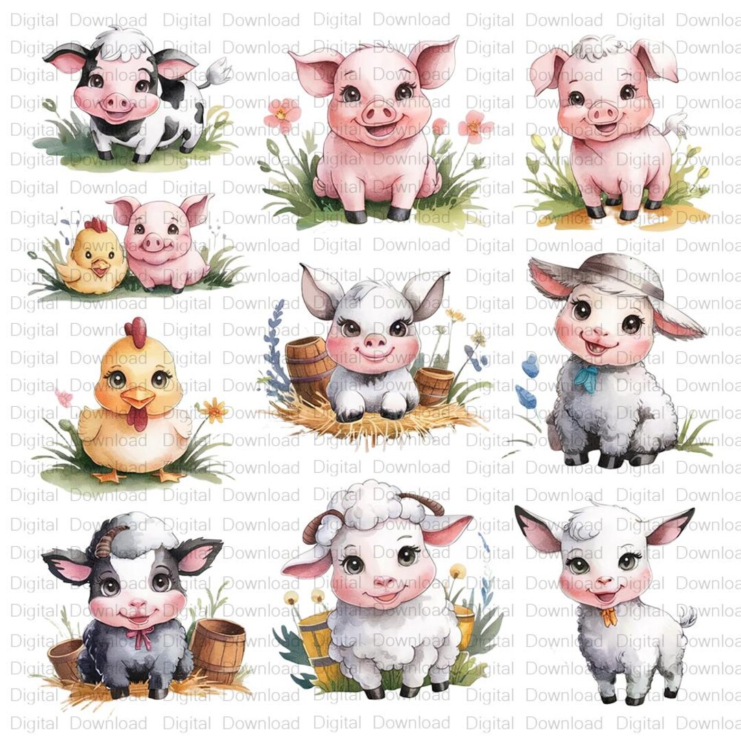 Watercolor Farm Animal Clipart Bundle, Nursery PNG (digital Download ...