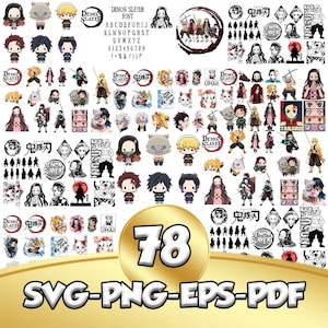 May include: A collection of 78 Demon Slayer themed graphics in SVG, PNG, EPS, and PDF formats. The image features various character illustrations, logos, and a font set. The graphics are in black, white, and shades of gray.