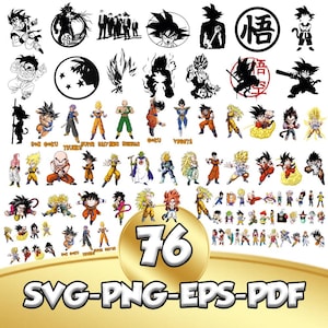 Könnte beinhalten: Eine Sammlung von 76 Illustrationen von Dragon Ball Z-Charakteren in verschiedenen Posen und Stilen. Die Bilder zeigen Charaktere wie Goku und Vegeta, mit dem Text "SVG-PNG-EPS-PDF" unten.