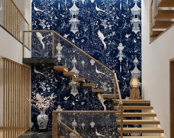 Navy Chinoiserie Wallpaper, Bird Pagoda Wall Mural, Dark Floral Statement Wall (Peel and Stick )