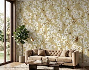 Papel pintado Golden Blossom Bird - Mural floral de estilo chinoiserie, papel pintado botánico vintage