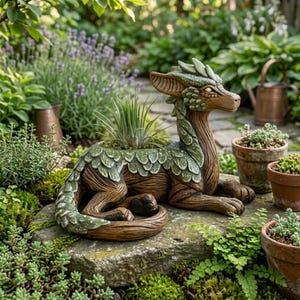 Puede incluir: Una detallada jardinera de dragón marrón y verde, ideal para un jardín. El dragón está en posición de descanso, con un área para plantar en su espalda que contiene una planta verde. Las escamas y el cuerpo del dragón están intrincadamente detallados.