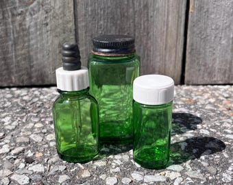 Vintage Emerald Green Duraglass Apothecary Jar Bottle Set