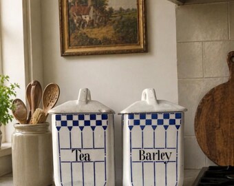 Juego de botes de cocina de cerámica vintage azul y blanca
