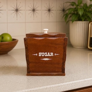 Vintage houten suikerpot uit het midden van de 20e eeuw met deksel en keramische knop.