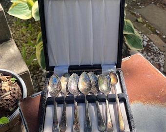 Juego de cucharas vintage bañadas en plata con caja de presentación.