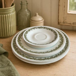 Vintage 1970s Corelle Spring Blossom Green "Crazy Daisy" Dinnerware Set