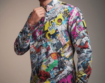 Camisa de algodón para hombre con estampado artístico - Manga larga con botones