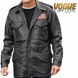 Mens Black Leather Field Jacket American Flag Patch Military Tactical Utility Multi Pocket Coat