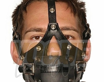 Genuine Leather Hood Mask with Blindfold, Adjustable Lace-Back Headwear