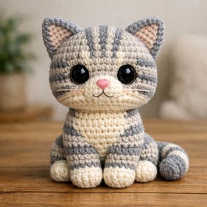 Peut inclure: Une poupée chat au crochet faite à la main avec des rayures grises et blanches. Le chat a de grands yeux noirs, un nez rose et l'intérieur des oreilles rose. La poupée est assise sur une surface en bois.