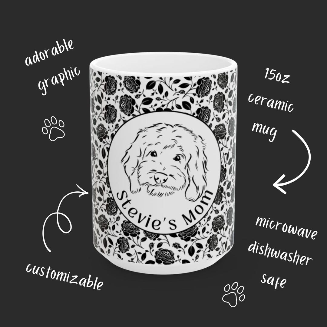 Custom Cute Elegant Floral Cavapoo Dog Mom Black and White Pattern Mug ...