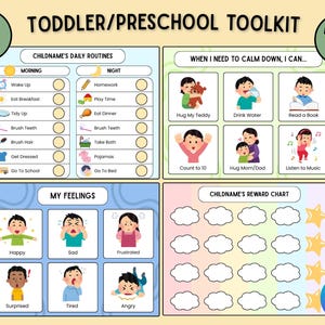 Puede incluir: Un colorido kit de herramientas para niños pequeños/preescolares con el texto "EDIT ME!" y "PRINT ME!". Incluye rutinas diarias, técnicas de calma, una tabla de sentimientos y una tabla de recompensas.
