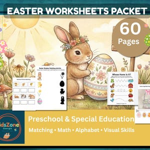 May include: An Easter worksheets packet with 60 pages for preschool and special education. The image features a bunny holding a decorated egg, with worksheets for matching, math, alphabet, and visual skills. The text "Easter Worksheets Packet" is at the top.
