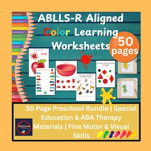 Op de afbeelding: Een verzameling kleurleerkundige werkbladen met de tekst "ABLLS-R Aligned Color Learning Worksheets". De afbeelding bevat voorbeelden van de werkbladen, zoals het identificeren van kleuren en vormen. De bundel bevat 50 pagina's.