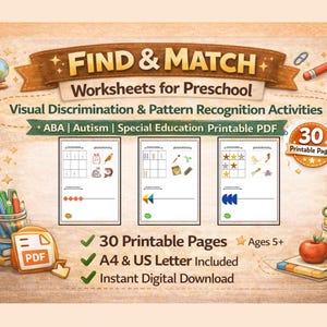 Puede incluir: Descarga digital de hojas de trabajo preescolares tituladas "Find & Match". Las hojas de trabajo se centran en la discriminación visual y las actividades de reconocimiento de patrones. La imagen incluye el texto "30 páginas imprimibles".