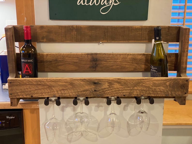 Rustic Wooden Wine Rack | Handmade Bottle & Glass Holder | Farmhouse ...