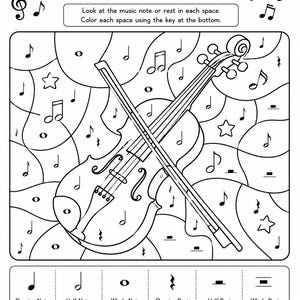 Może przedstawiać: Czarno-biała karta pracy zatytułowana Color By Music Note z ilustracją skrzypiec i smyczka. Strona zawiera klucz kolorów dla nut i pauz muzycznych, z sekcjami do pokolorowania zgodnie z przypisanymi do nich symbolami muzycznymi.
