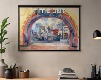 May include: A framed watercolor painting depicting the entrance to a Time Out Family Amusement Center. The artwork features a large, arched entryway with red and blue tones, leading to a view of various arcade game cabinets inside the facility.