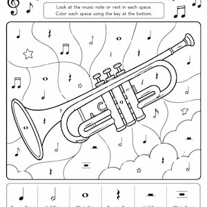 May include: A black and white colouring page titled COLOR BY MUSIC NOTE! featuring a trumpet illustration surrounded by musical notes and rests. The bottom section provides a colour key for quarter, half, and whole notes and rests.