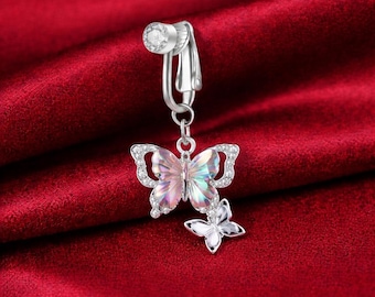 Iridescent Crystal Butterfly Dangle Belly Ring, Navel Piercing Jewelry