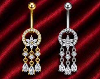 Anillo de ombligo de lujo con forma de flor, joyería colgante para piercing de ombligo, anillo de ombligo floral de cristal CZ, barra de ombligo de oro y plata,