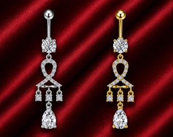 Piercing de ombligo colgante de lujo, joyería para piercing de ombligo con cristales, piercing de ombligo de oro y plata, barra colgante de circonita cúbica, joyería corporal elegante