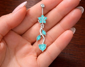 Turquoise Heart Belly Button Ring, Flower Dangle Navel Piercing, Cute Blue Crystal Belly Ring Jewelry for Women