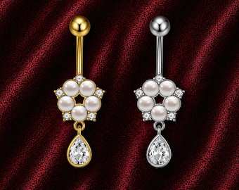 Pearl Floral Belly Ring: Gold Silver CZ Dangle Navel Piercing Jewelry