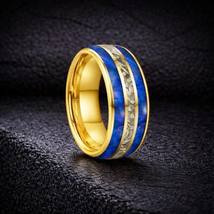 Anillo de tungsteno con incrustaciones de lapislázuli y meteorito, alianza de boda de ajuste cómodo.