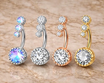 Piercing colgante para ombligo, tres circonitas cúbicas, acero quirúrgico, oro, plata y oro rosa.