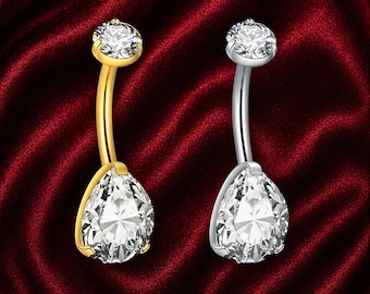 Piercing de ombligo de lujo con forma de lágrima, oro y plata, circonita cúbica. Regalo ideal.