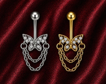 Butterfly Belly Ring: CZ Dangle Navel Piercing Jewelry (Gold/Silver)