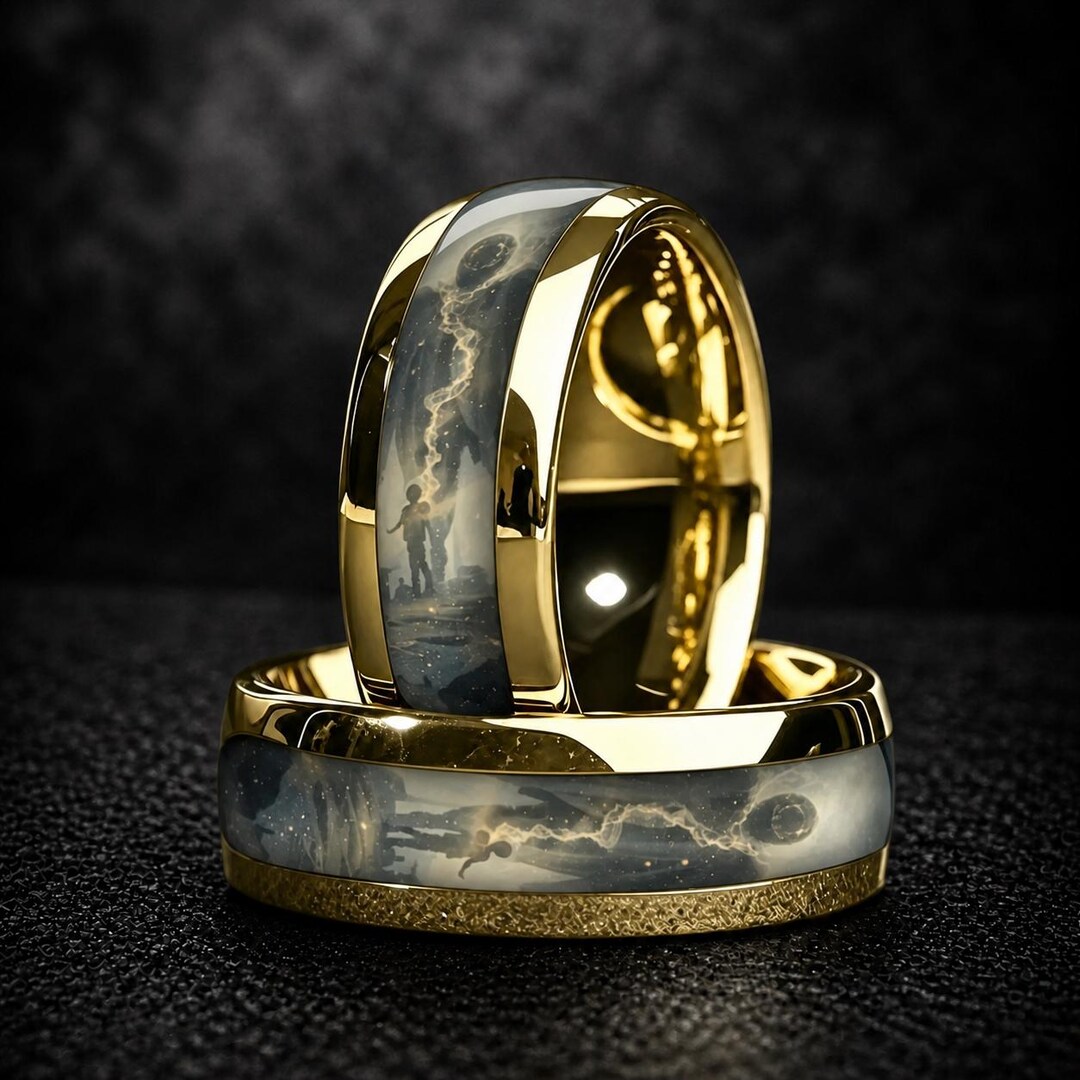 Gold Cosmic Galaxy Ring, Space Art Inlay Band, Unique Mens Wedding Ring ...