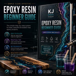 May include: A book titled "Epoxy Resin Beginner Guide" with a wooden epoxy resin project and mixing cups. The book cover features a swirling design of blue, purple, and gold. The image also includes text that says "Easy to Follow" and "Quick Start Everything You Need to Get Started!"