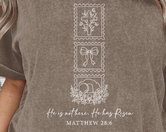 He is not here he has risen PNG, Matthew 28:6 bible verse, retro vintage easter christian design, hand drawn faith graphic