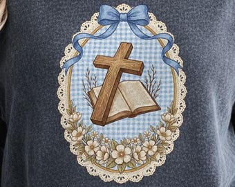 Christian cross PNG, grandma core homestead mama gift shirt design, vintage thrifted oval frame bible art, coquette cottagecore